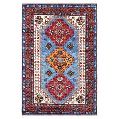4'2 "x6'2" Blauer afghanischer Ersari mit kaukasischem Design Revival handgeknüpfter Wollteppich