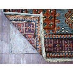 4'2"x6'2" Blue Afghan Super Kazak with Medallion Design Hand Knotted Wool Rug