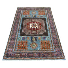 4'2"x6'2" Blue Afghan Super Kazak with Medallion Design Hand Knotted Wool Rug
