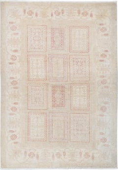 4.2x6.2 ft Hand Knotted Beige, Red Wool Area Rug. Soft Geometric Panel Patterned