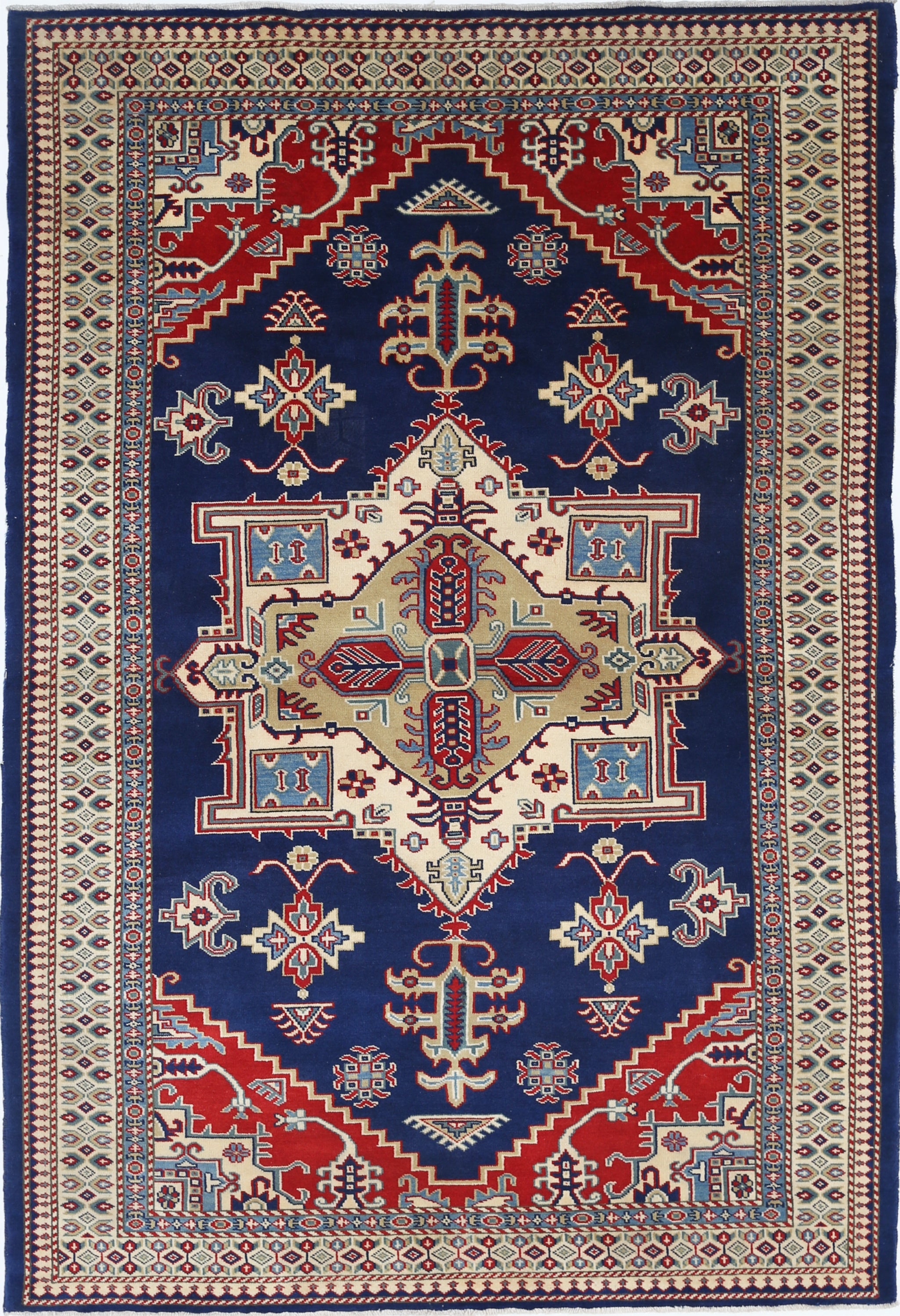 4.2x6.2 ft Handknotted Red, Beige, Blue Area Rug with Geometric Medallion Design