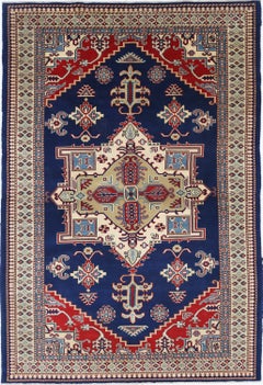 4.2x6.2 ft Handknotted Red, Beige, Blue Area Rug with Geometric Medallion Design