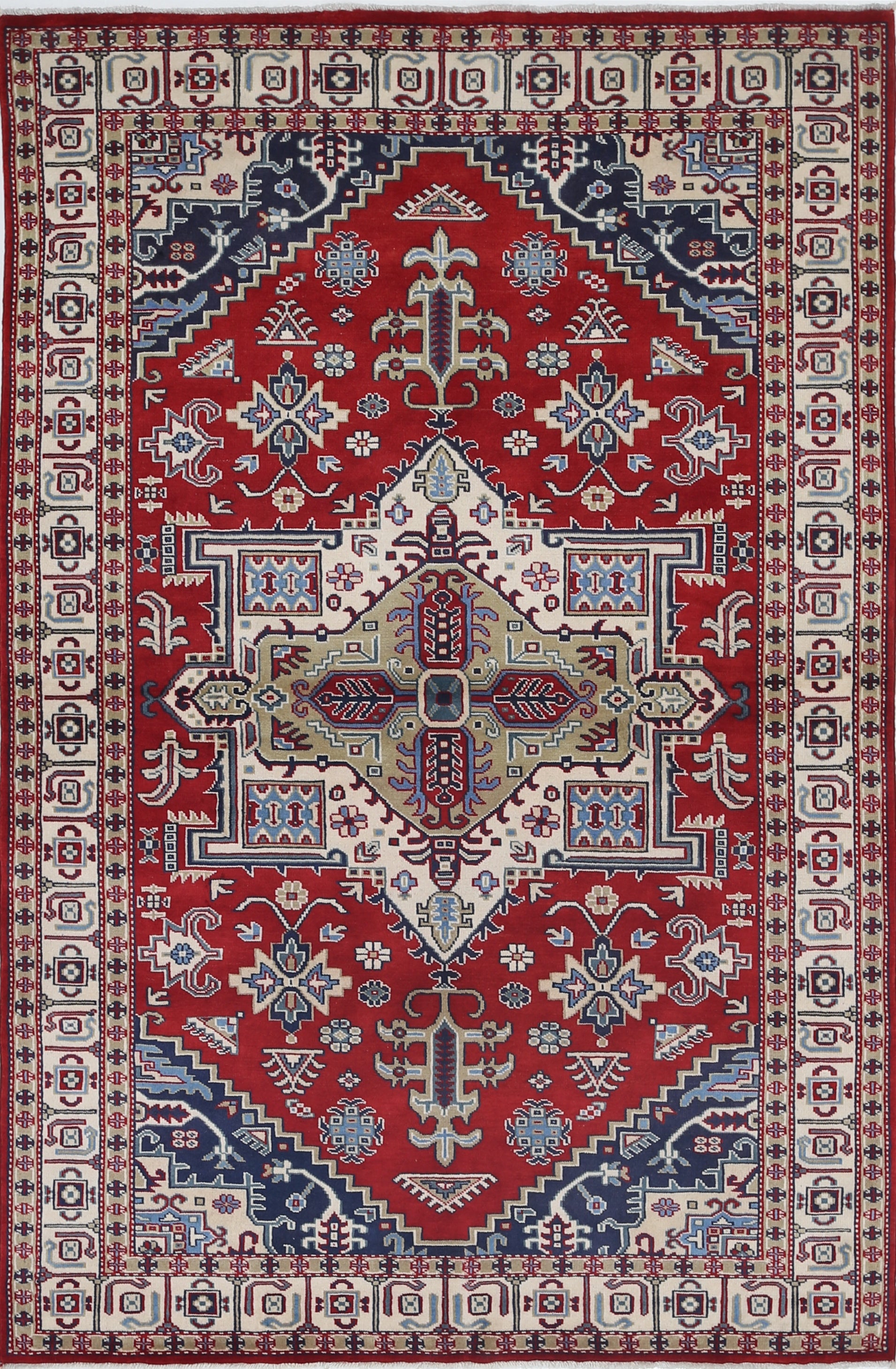 4.2x6.2 ft Handknotted Red, Navy Blue, Ivory Rug. Geometric Medallion Design Rug