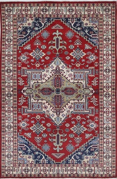 4.2x6.2 ft Handknotted Red, Navy Blue, Ivory Rug. Geometric Medallion Design Rug
