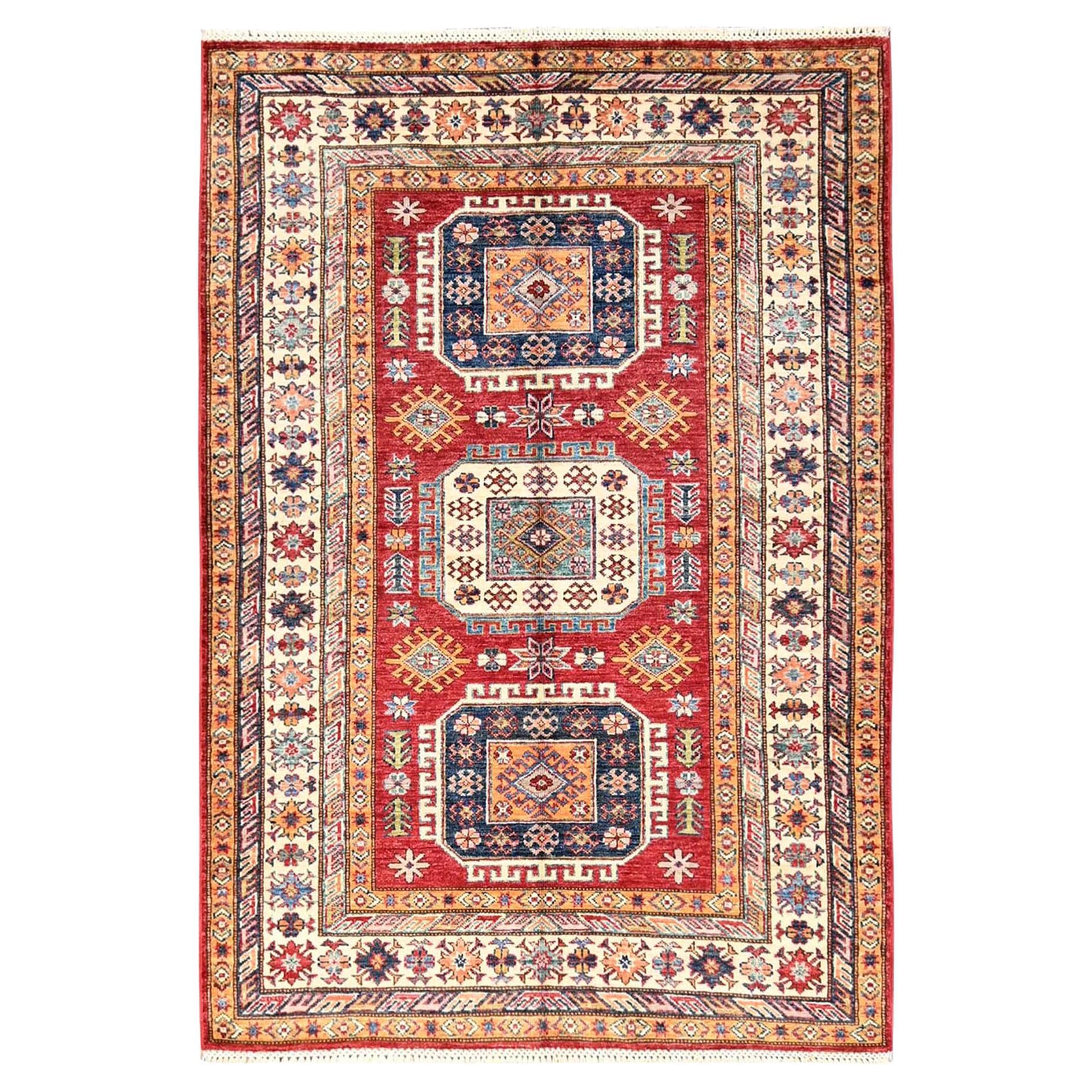 4
2"x6
2" Red Afghan Super Kazak Medallions Design Hand Knotted Pure Wool Rug