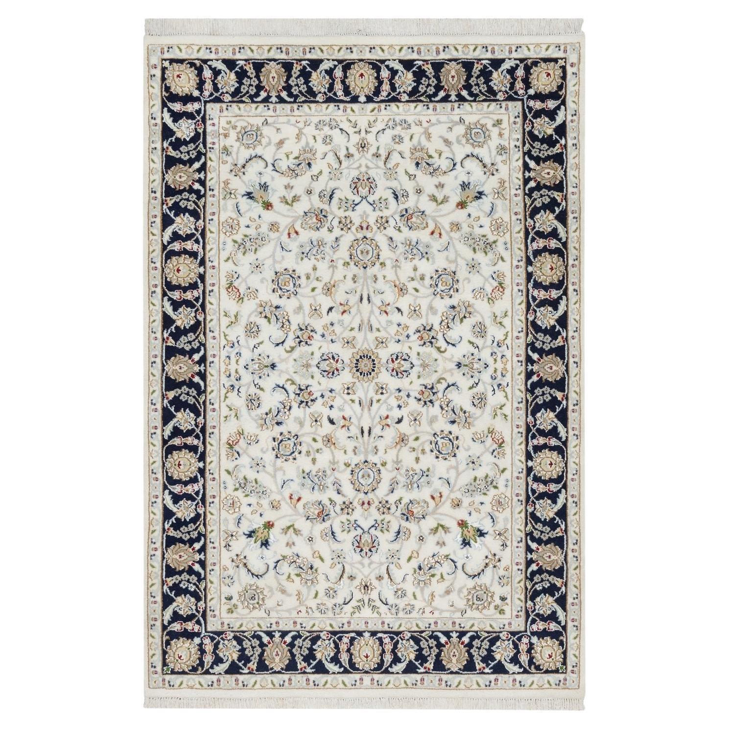 4'2"x6'2" Rice White, Nain Design, 250 KPSI, Wool and Silk, Hand Knotted Rug