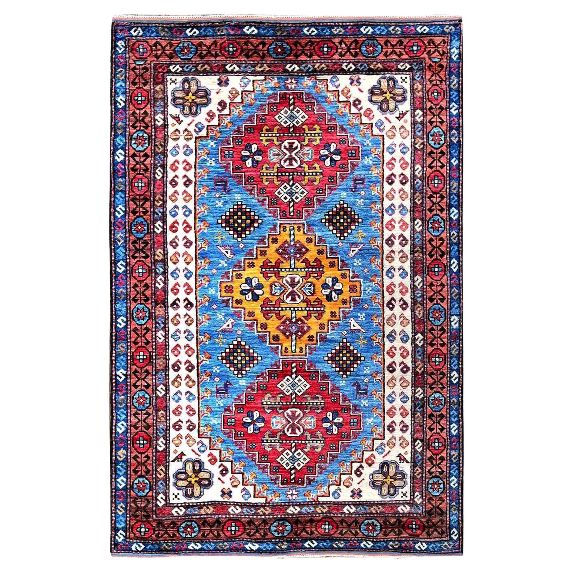 4'2"x6'3" Blauer handgeknüpfter, weicher Afghanischer Ersari-Wollteppich im kaukasischen Design-Revival-Stil