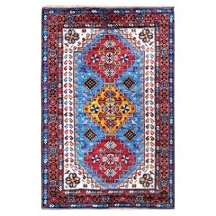 4'2 "x6'3" Alfombra de lana suave anudada a mano con diseño caucásico Revival Ersari afgano azul