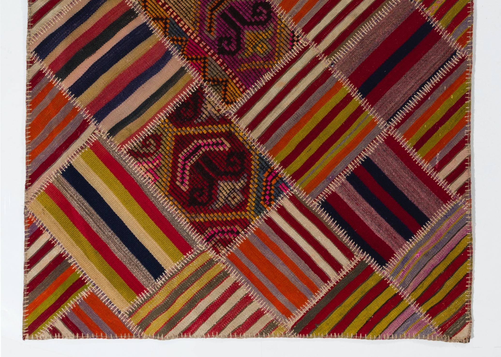 Turkish 4.2x6.3 ft Handmade Anatolian Patchwork Kilim Rug with Tribal Flair For Sale