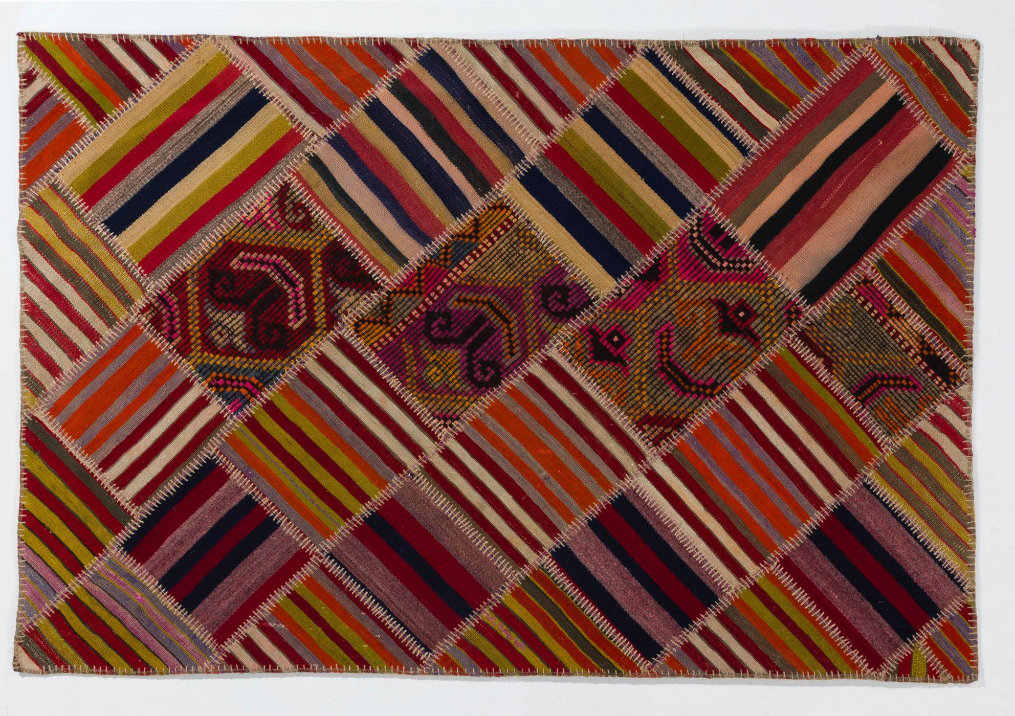 Hand-Woven 4.2x6.3 ft Handmade Anatolian Patchwork Kilim Rug with Tribal Flair For Sale