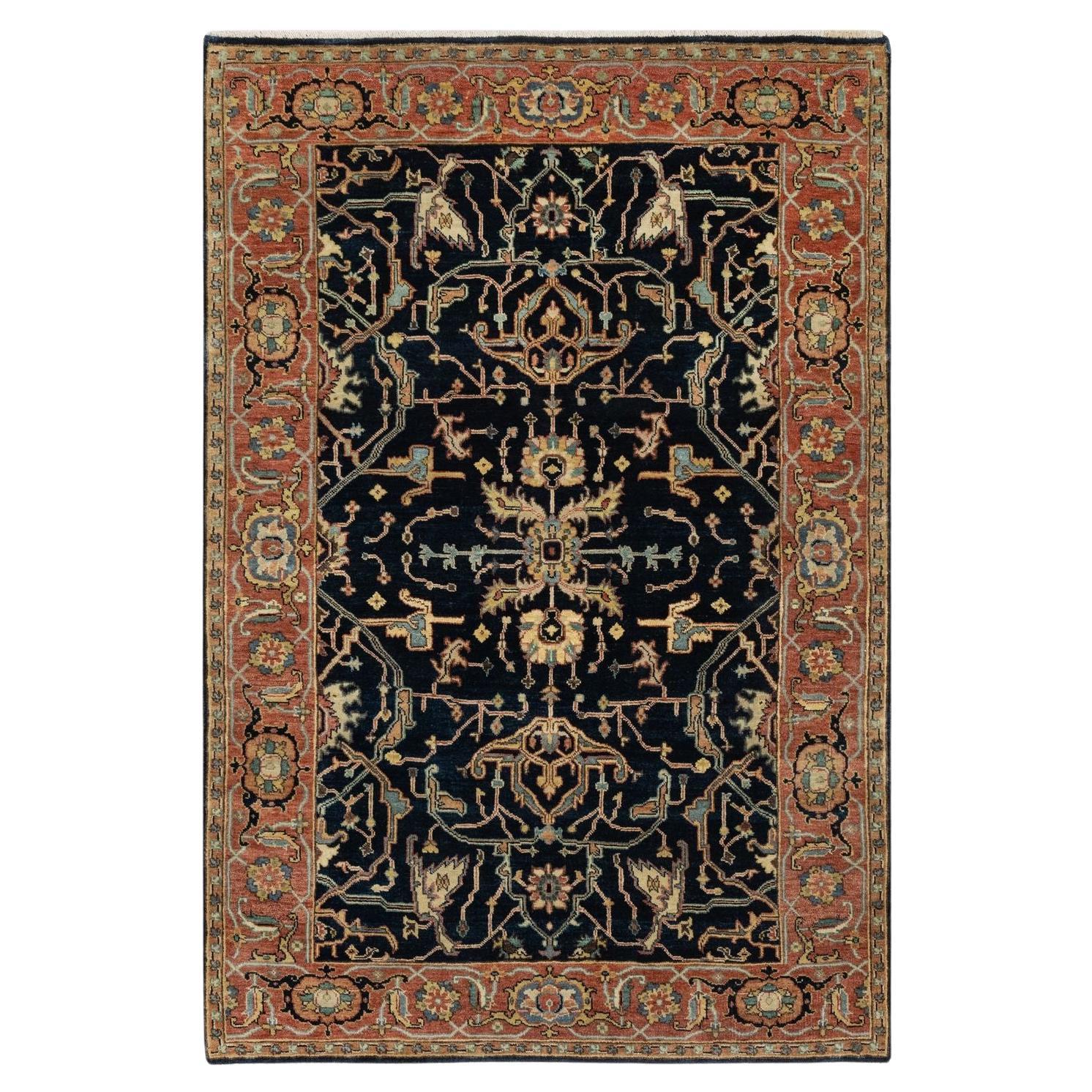 Alfombra Oriental de Lana Anudada a Mano Heris Azul Oxford Antiguo 4'2 "x6'3