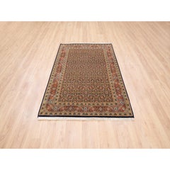4'2"x6'3" Pitch Black Wool Herati Design Hand Knotted 250 KPSI Oriental Rug