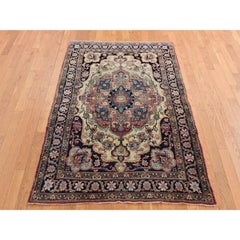 4'2"x6'4" Blue Antique Persian Lavar Kerman Medallion Design Hand Knotted Rug