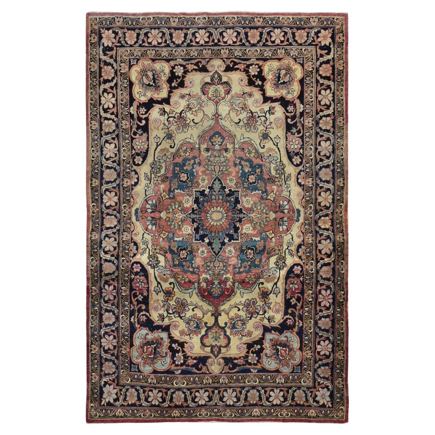 4'2"x6'4" Blue Antique Persian Lavar Kerman Medallion Design Hand Knotted Rug For Sale