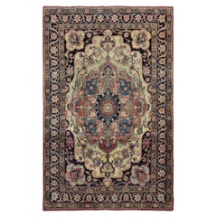 4'2"x6'4" Blue Antique Persian Lavar Kerman Medallion Design Hand Knotted Rug