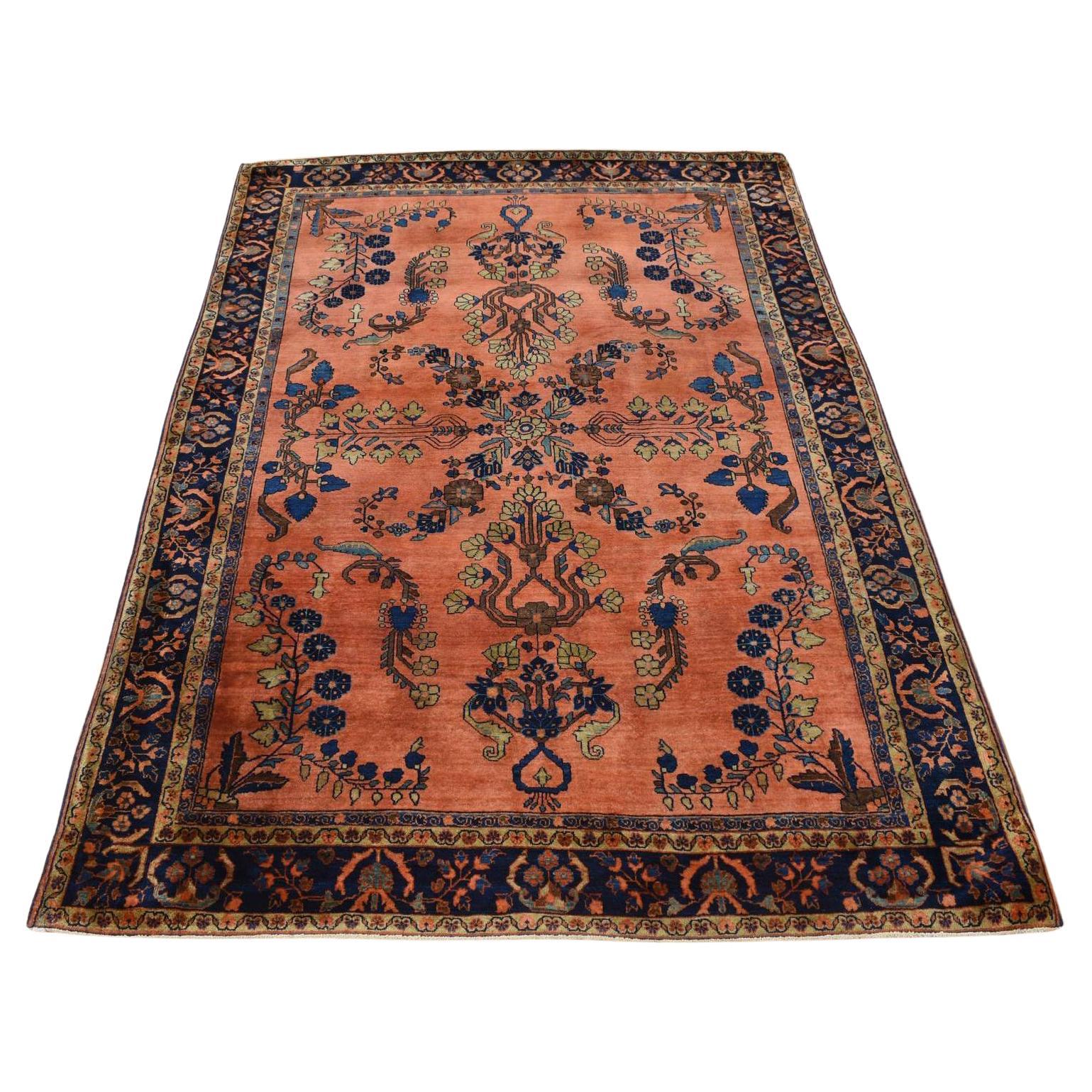 4'2"x6'4" Orange Rust Antique Persian Sarouk Mohajoren Hand Knotted Wool Rug