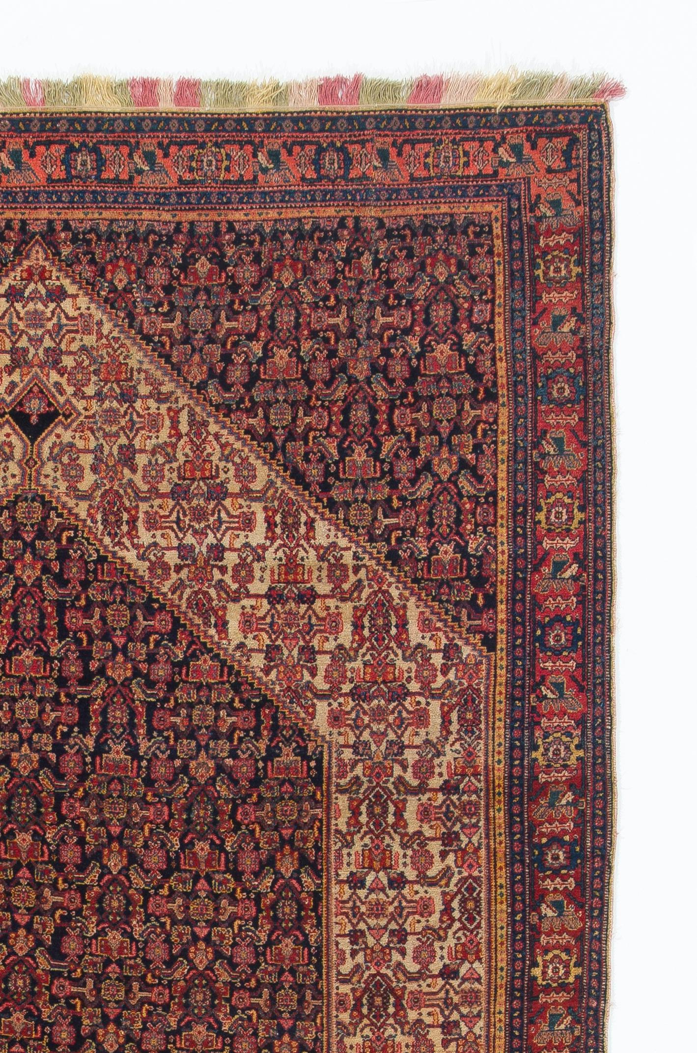 4.3x6.8 ft Feiner antiker persischer Senneh-Wollteppich mit bunten Seidenketten und -schüssen (Persisch) im Angebot