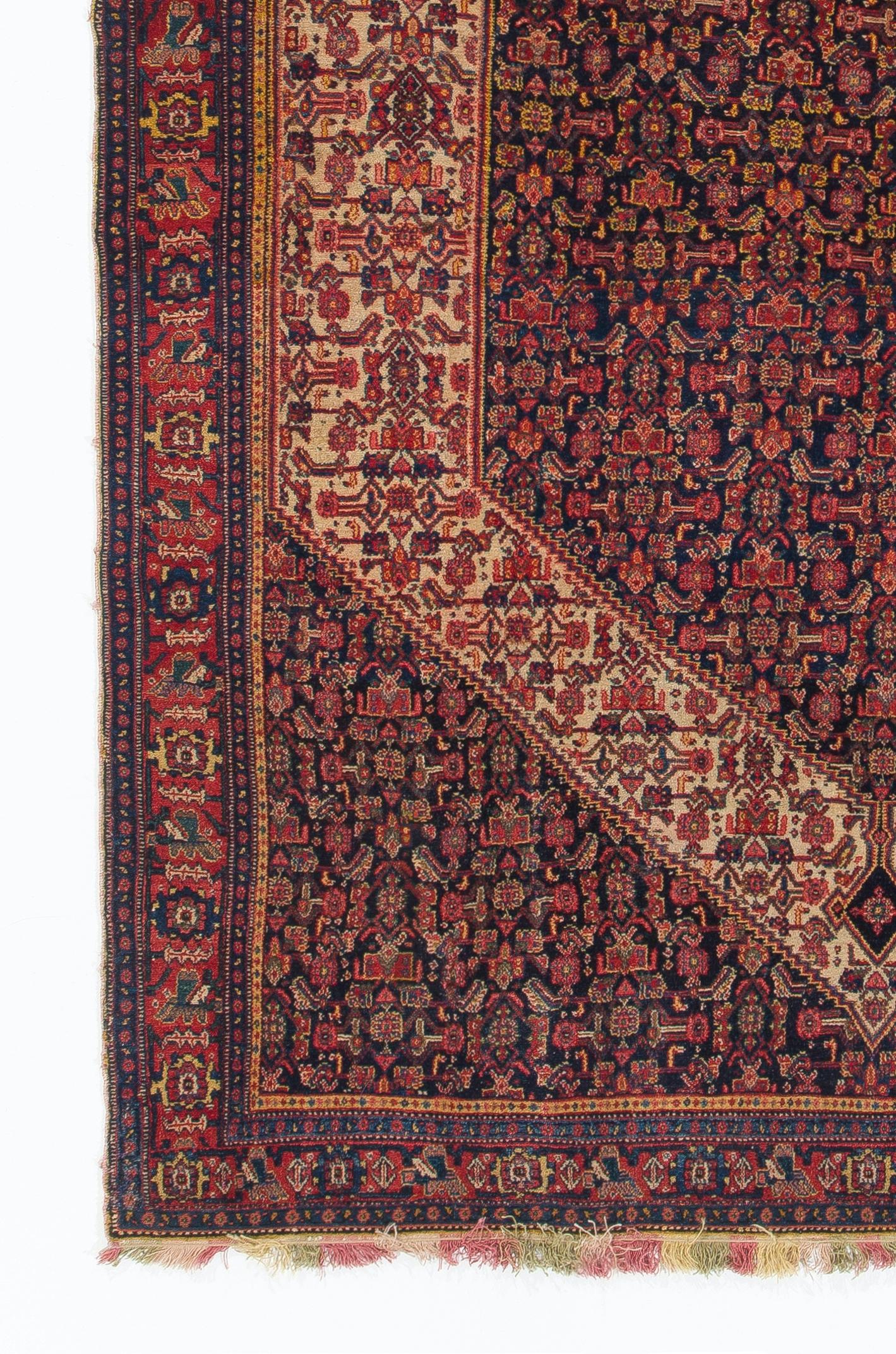 4.3x6.8 ft Feiner antiker persischer Senneh-Wollteppich mit bunten Seidenketten und -schüssen (Handgewebt) im Angebot