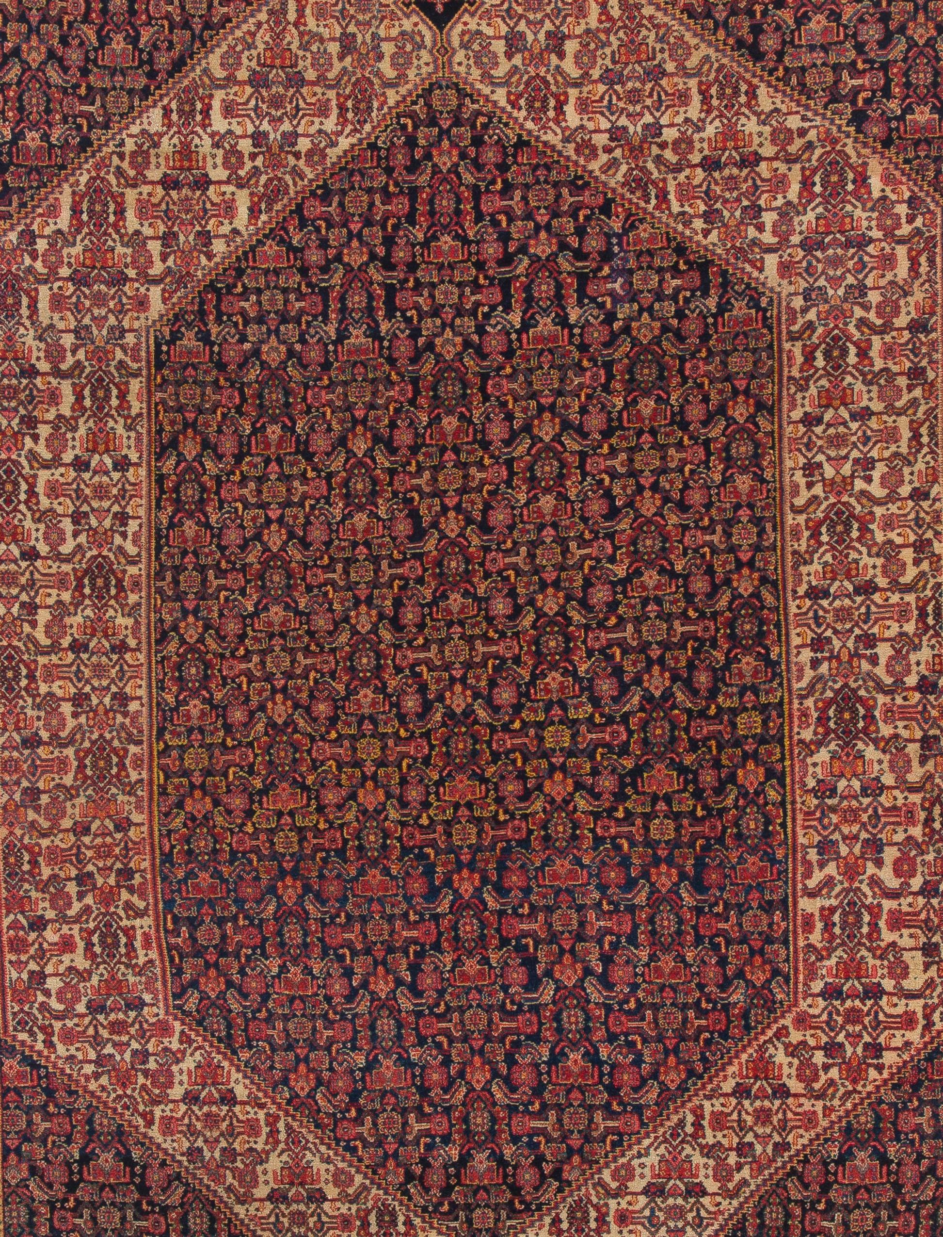 4.3x6.8 ft Feiner antiker persischer Senneh-Wollteppich mit bunten Seidenketten und -schüssen (19. Jahrhundert) im Angebot