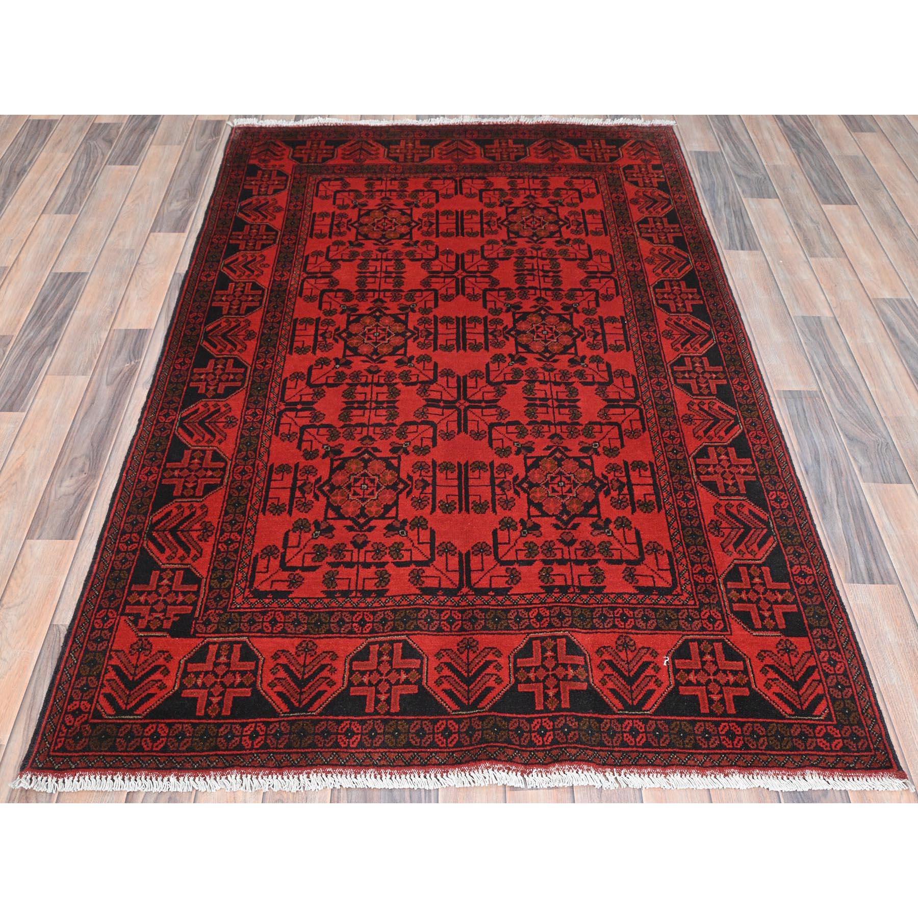 Rose Red, Afghan Andkhoy with Village Design, Organic Wool, Hand Knotted Oriental Rug
Primary materials: Wool
Latex: No Pile 
height: 0.25 Inches
Style: Traditional
Primary color: Red
Secondary colors: Black, Ivory, Green
Pattern: Oriental
