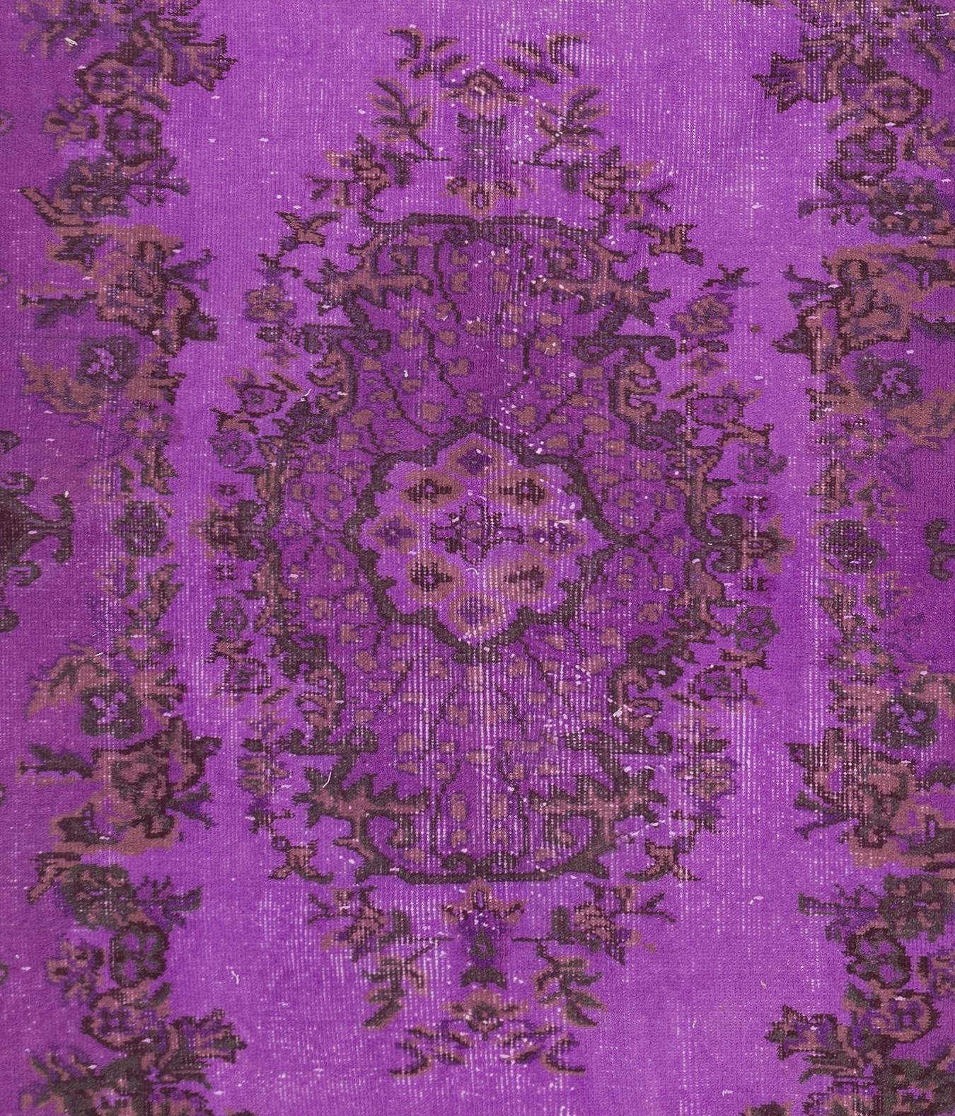Turkish 4.2x6.6 Ft Baroque Design Handmade Vintage Accent Rug Over-dyed in Purple Color