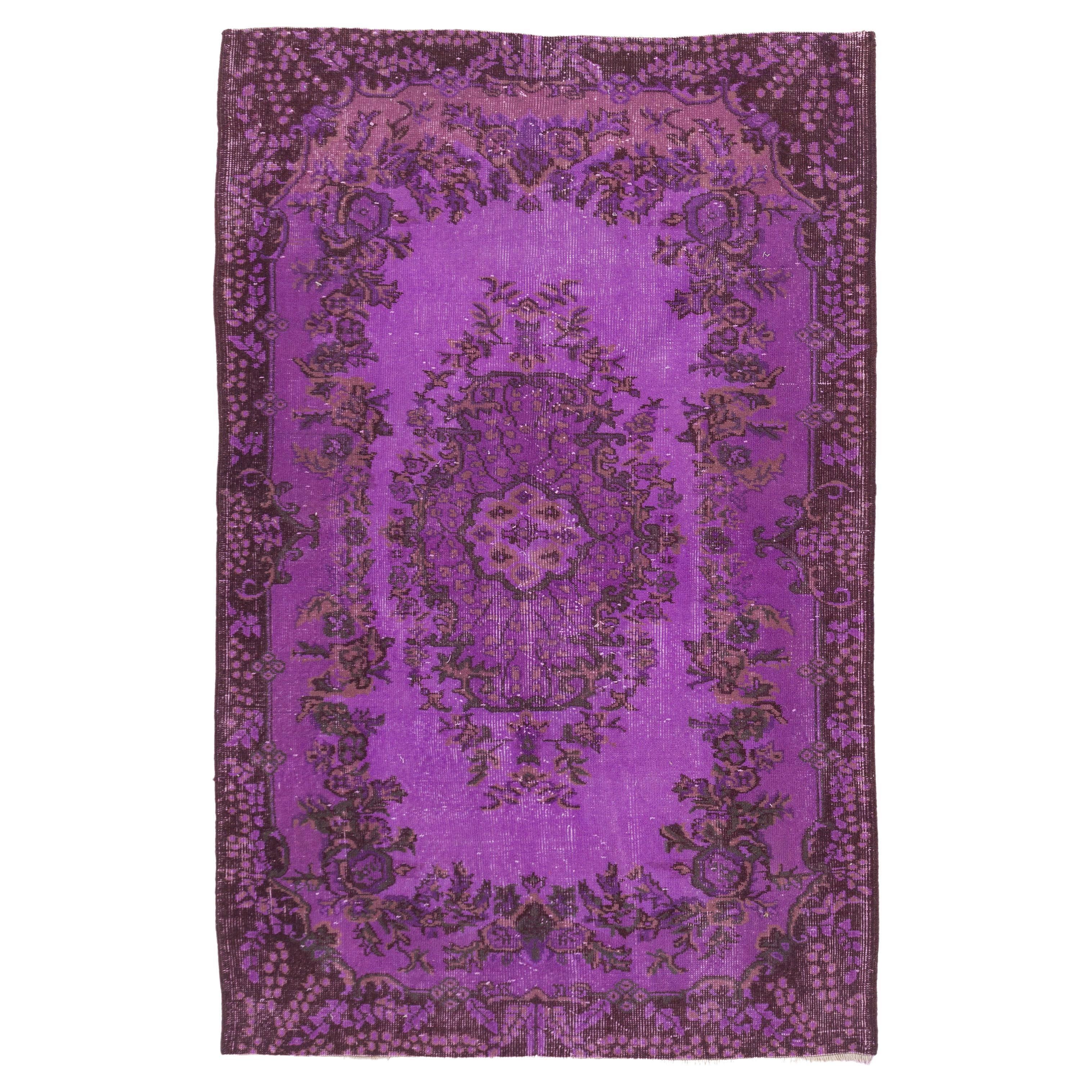 4.2x6.6 Ft Baroque Design Handmade Vintage Accent Rug Over-dyed in Purple Color