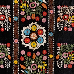 4.2x6.6 Ft Silk Embroidered Bed Cover, Uzbek Black Tapestry, Floral Wall Hanging