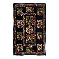 4.2x6.6 Ft Silk Embroidered Bed Cover, Uzbek Black Tapestry, Floral Wall Hanging