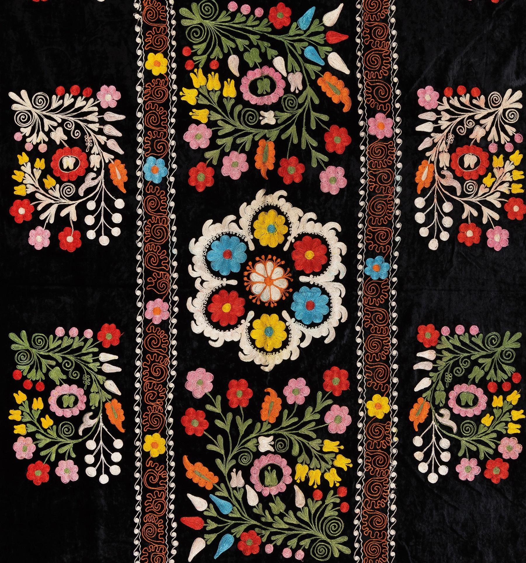 Uzbek 4.2x6.6 Ft Silk Embroidered Bed Cover, Black Tablecloth, Colorful Wall Hanging For Sale