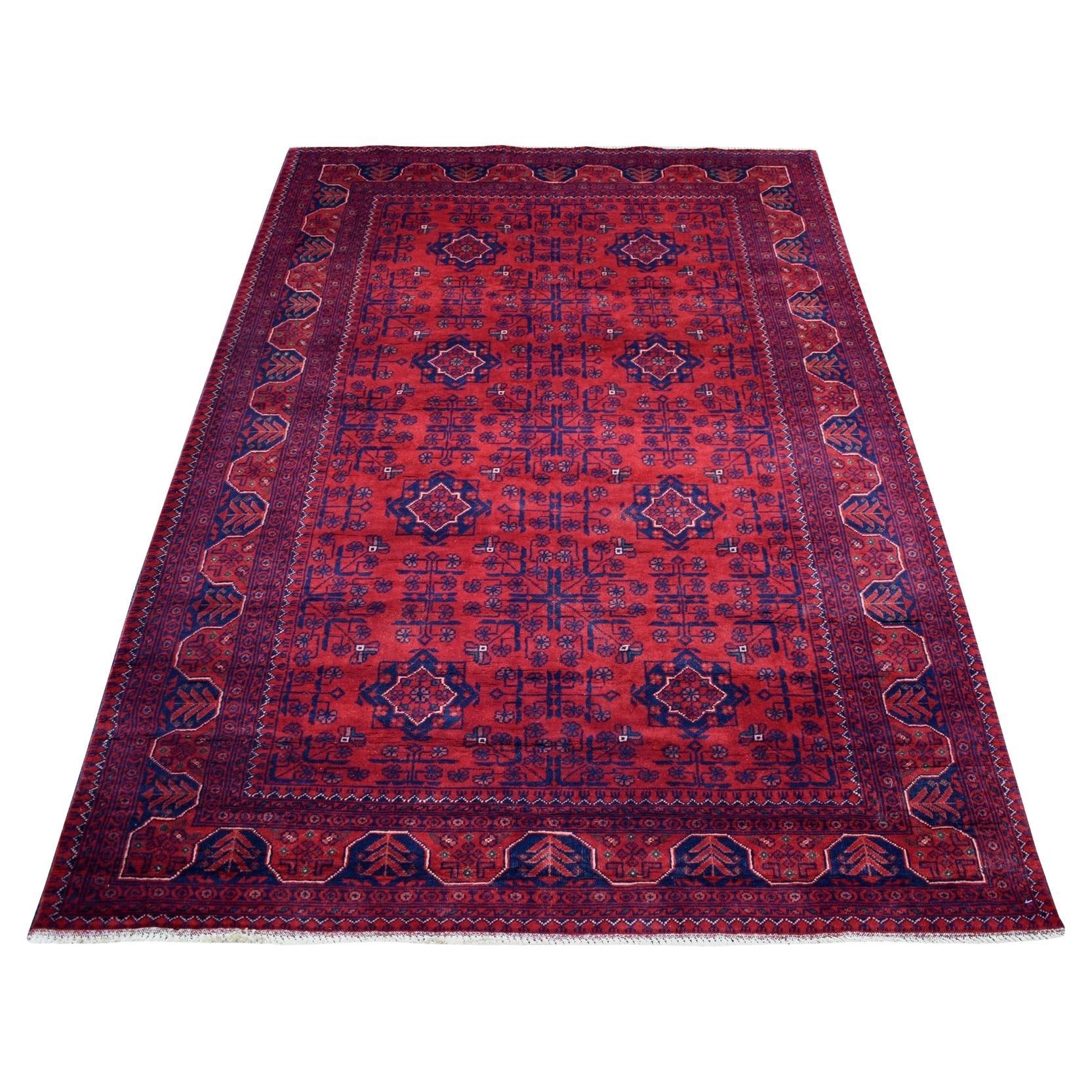 4'2"x6'7" Saturated Red Hand Knotted Vegetable Dyes Afghan Khamyab Wool Rug For Sale