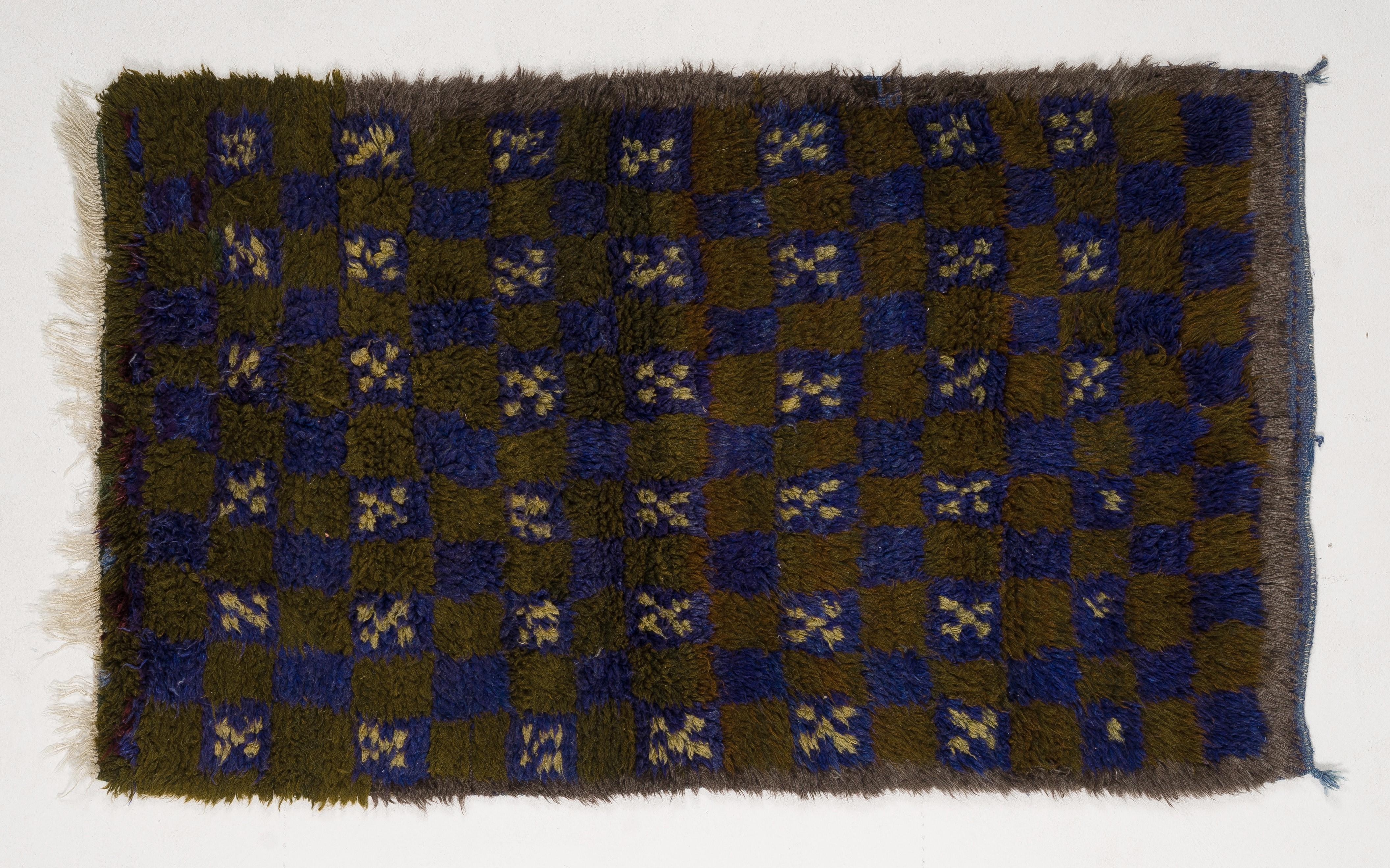 Turkish Vintage Checkered Tulu Rug, 100% Wool, Khaki Green, Blue, Gray, Beige
