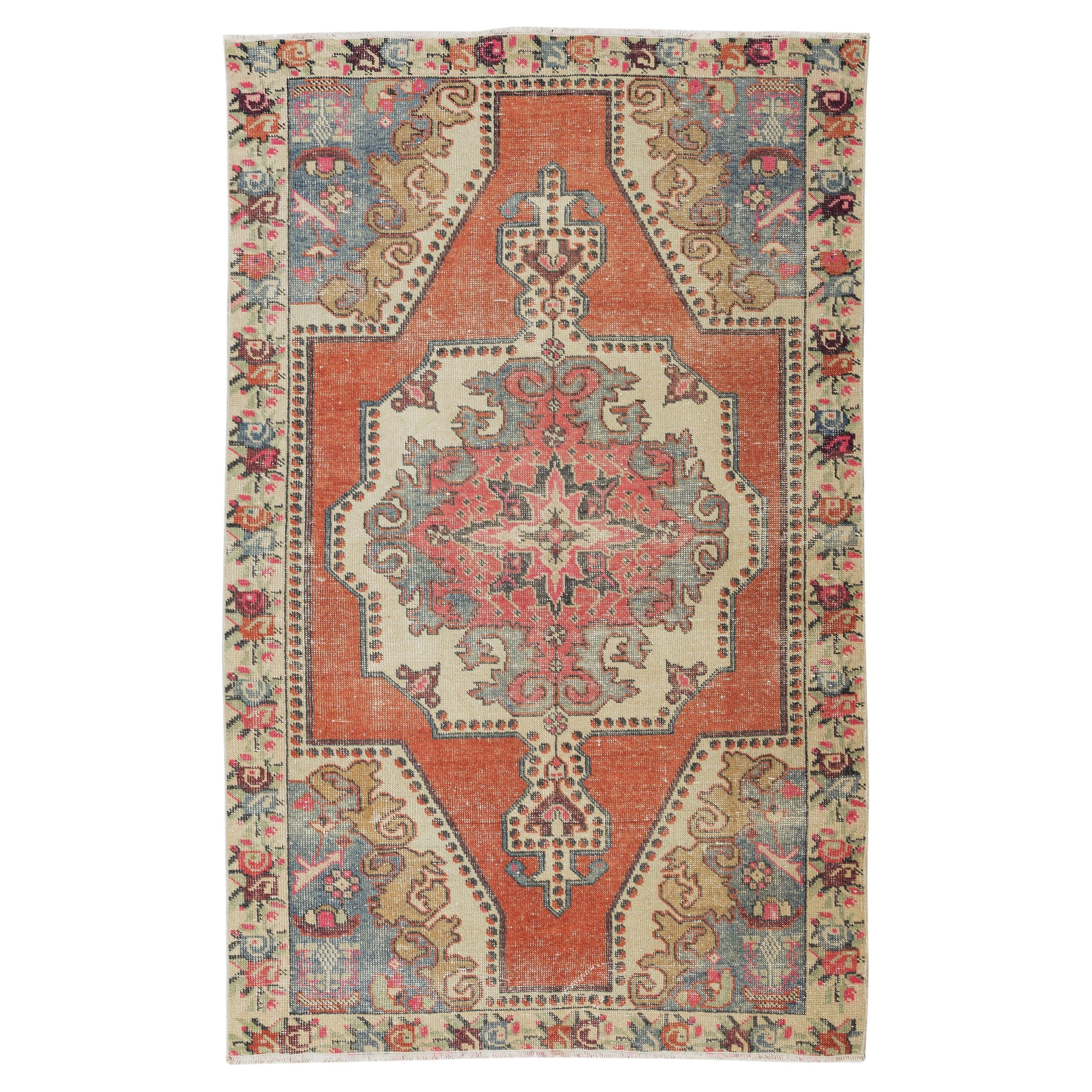 Vintage Hand Knotted Turkish Wool Rug, One-of-a-kind Geometric Carpet For Sale