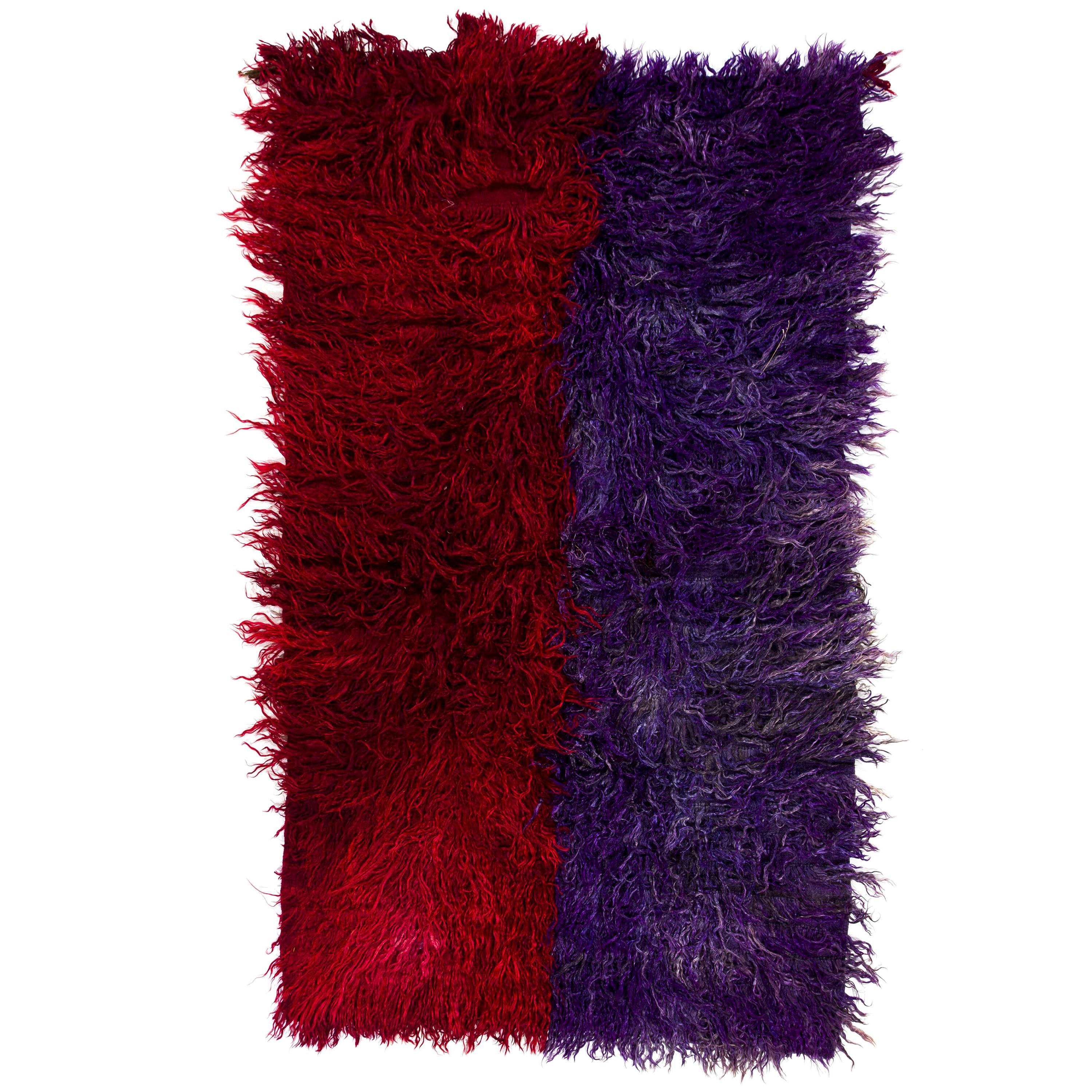 4.2x7 Ft Handmade Vintage Shag Pile Tulu Rug in Red and Violet Blue Color For Sale
