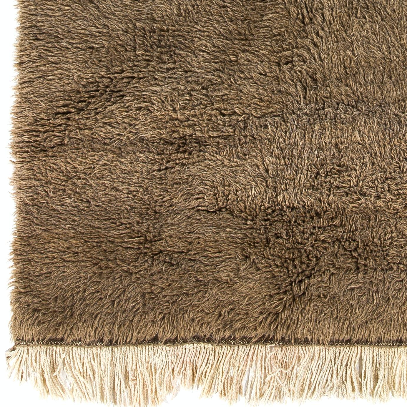 20th Century 4.2x7 Ft Minimalist Vintage Handknotted Turkish Tulu Rug. All Natural Brown Wool For Sale