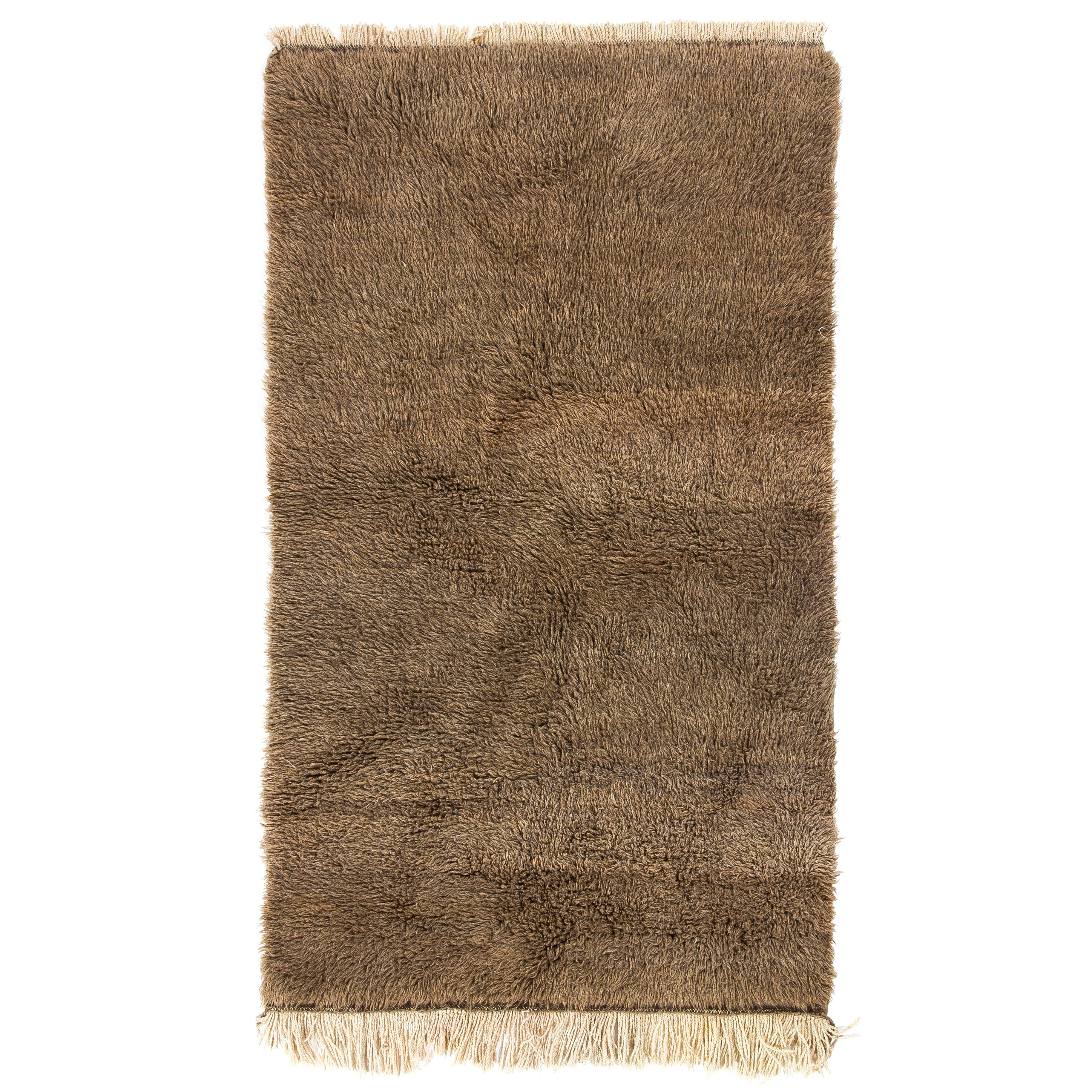 4.2x7 Ft Minimalist Vintage Handknotted Turkish Tulu Rug. Laine brune entièrement naturelle