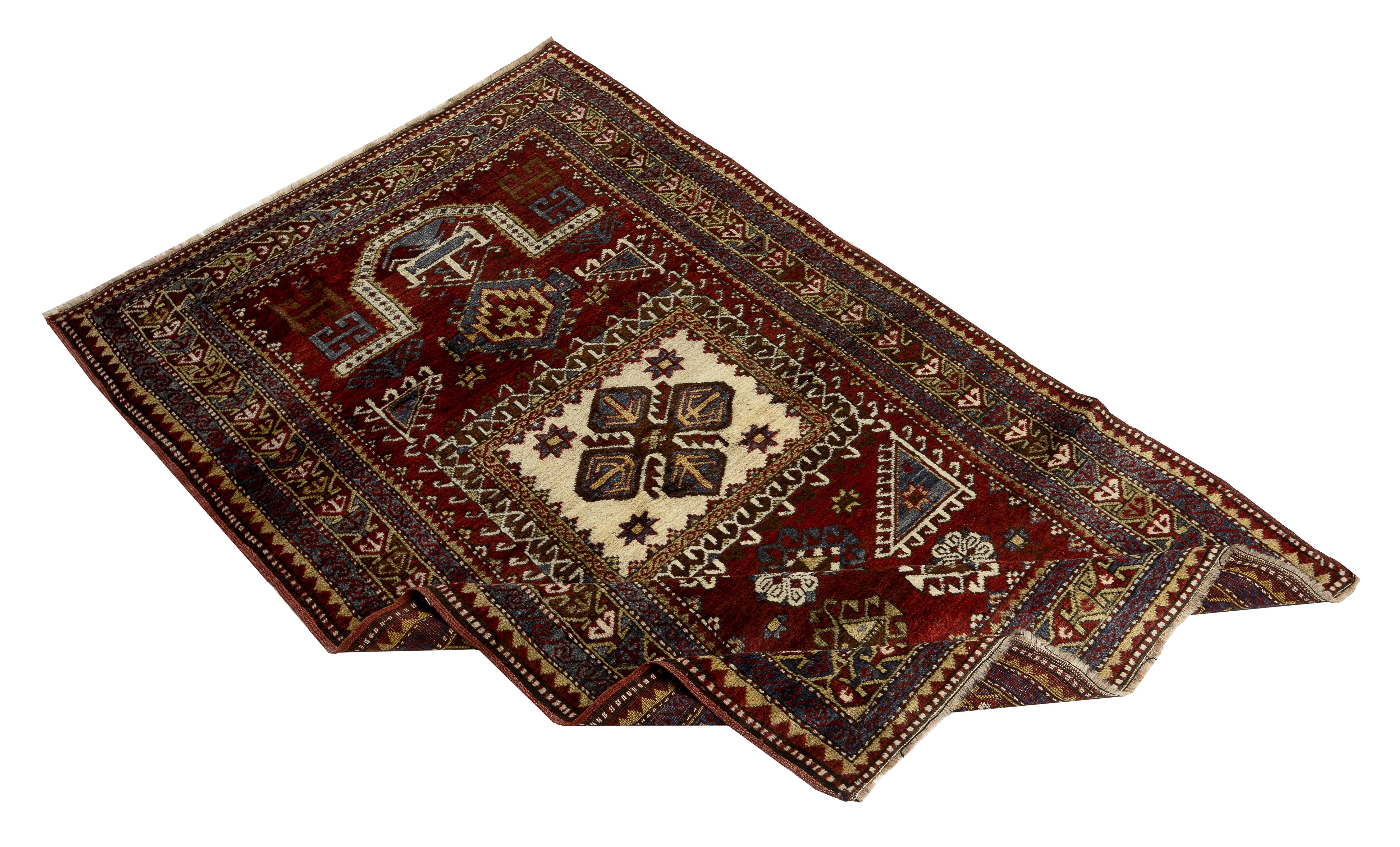 A semi antique Caucasian Fachralo Kazak prayer rug made of even medium wool pile on wool foundation and natural dyes.
Excellent condition. Sturdy and as clean as a brand new rug (deep washed professionally). 
Size: 4.2x7 Ft.