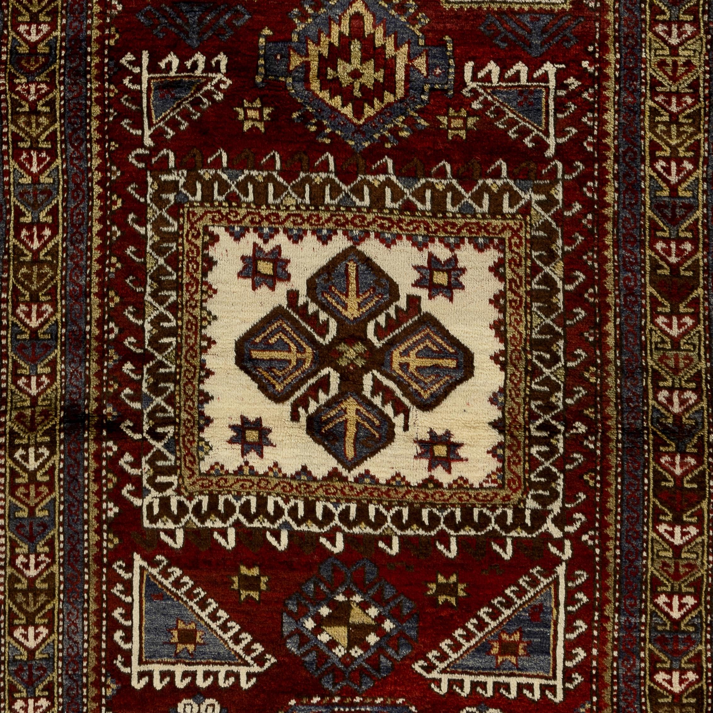 Hand-Knotted 4.2x7 Ft Semi Antique Caucasian Fachralo Kazak Prayer Rug. Circa 1940 For Sale