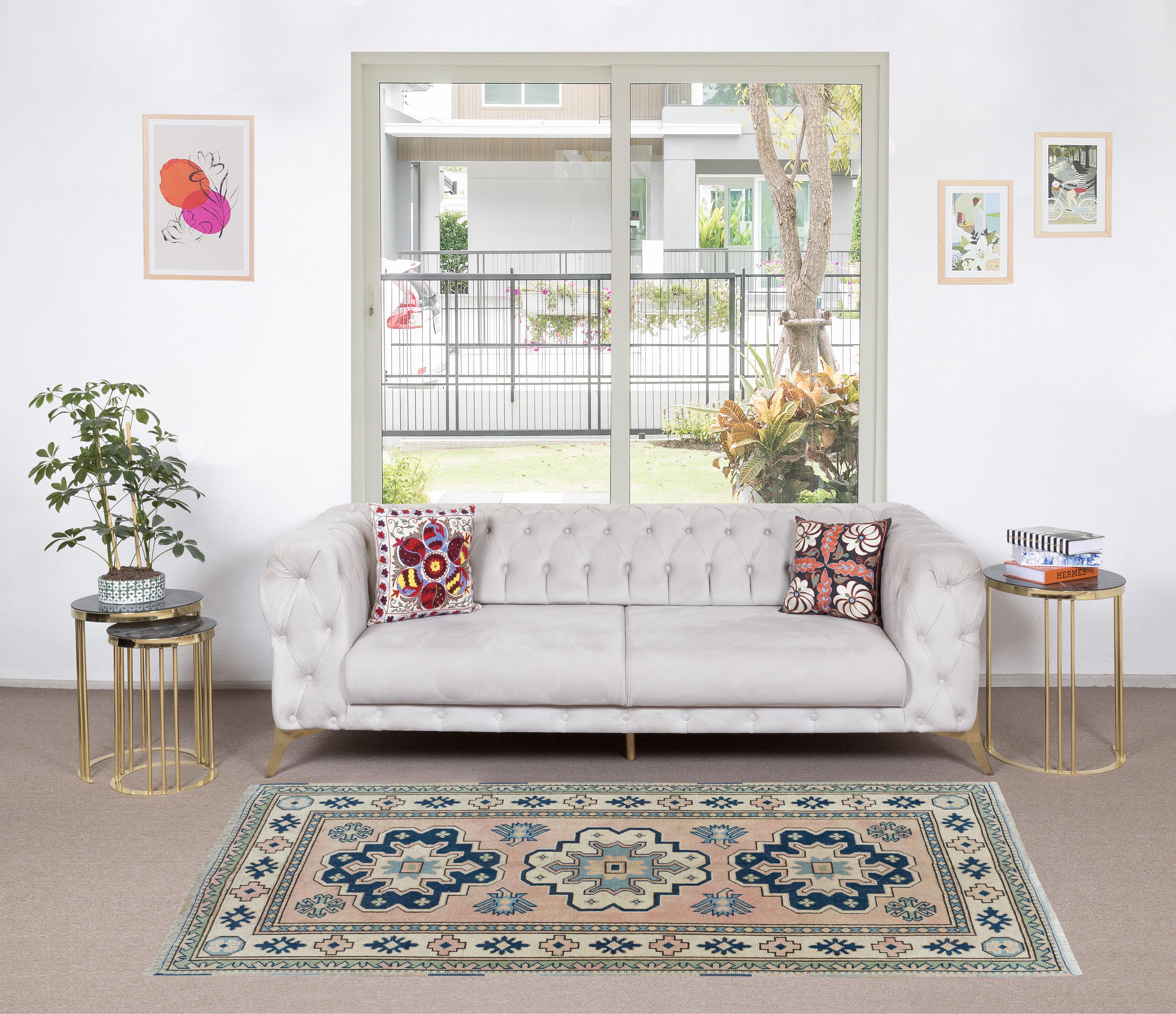 Contemporary 4.2x7 Ft Handmade Modern Turkish Wool Area Rug for Living Room and Dining Room For Sale