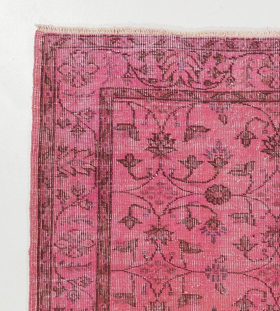 Modern Vintage Handmade Anatolian Accent Rug with Floral Design Redyed in Pink