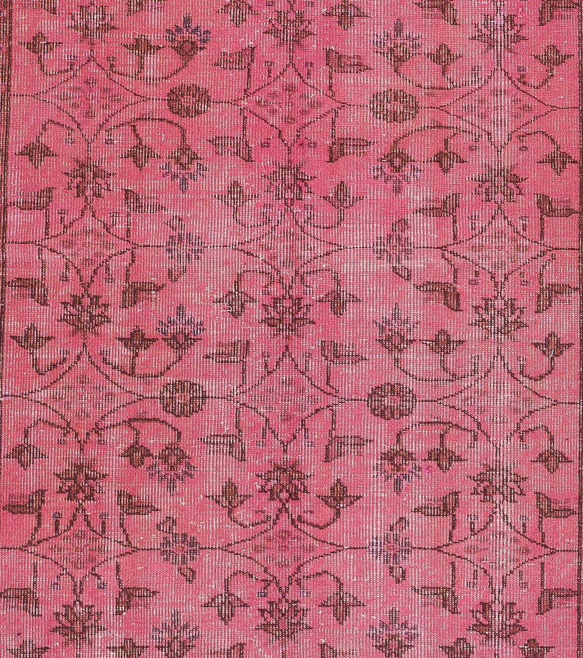 Turkish Vintage Handmade Anatolian Accent Rug with Floral Design Redyed in Pink