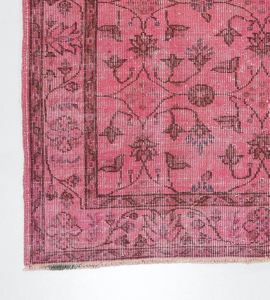 Hand-Woven Vintage Handmade Anatolian Accent Rug with Floral Design Redyed in Pink
