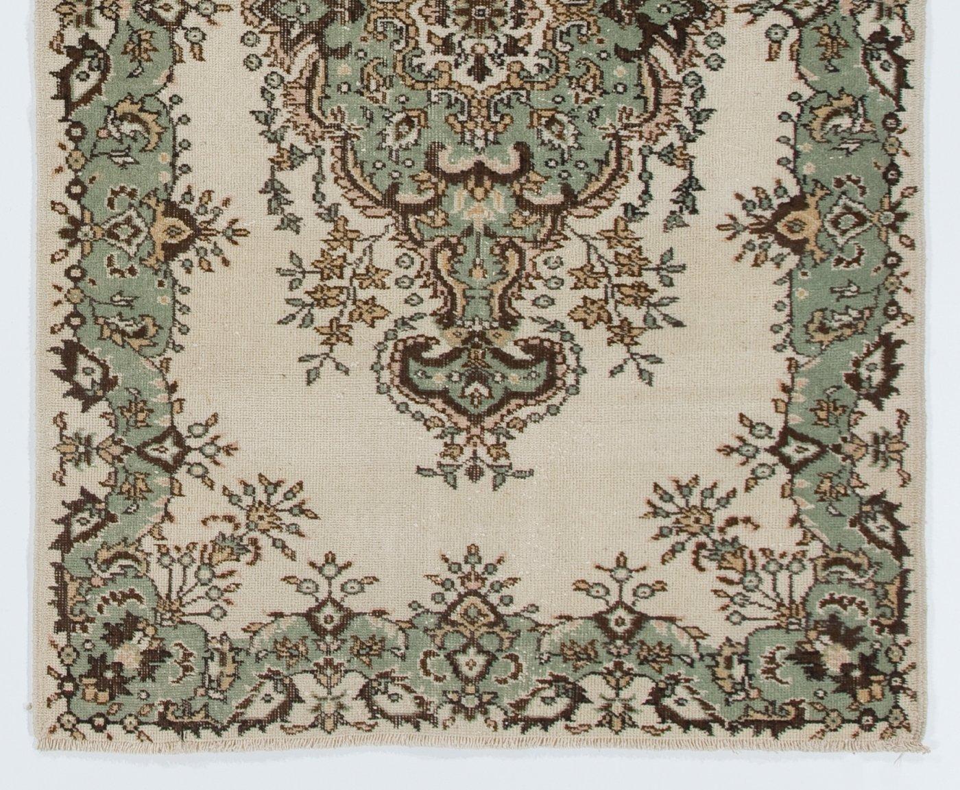 Oushak 4.2x7 Ft Vintage Medallion Design Handmade Rug in Beige, Green and Brown Colors For Sale