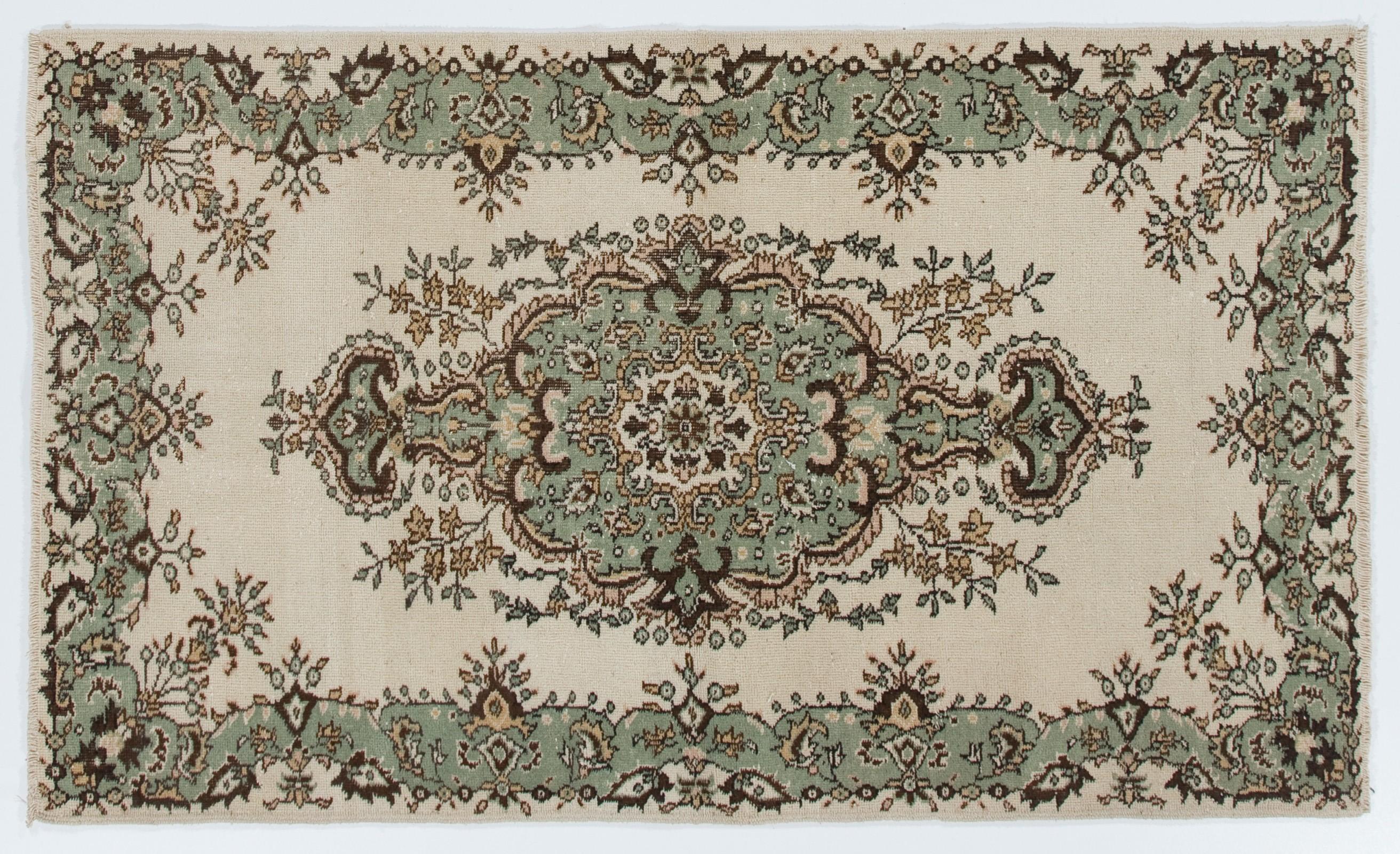 Hand-Knotted 4.2x7 Ft Vintage Medallion Design Handmade Rug in Beige, Green and Brown Colors For Sale