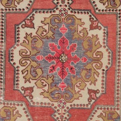 4.2x7.2 Ft Vintage Handmade Turkish Rug in Red with Medallion Design. Ca 1960