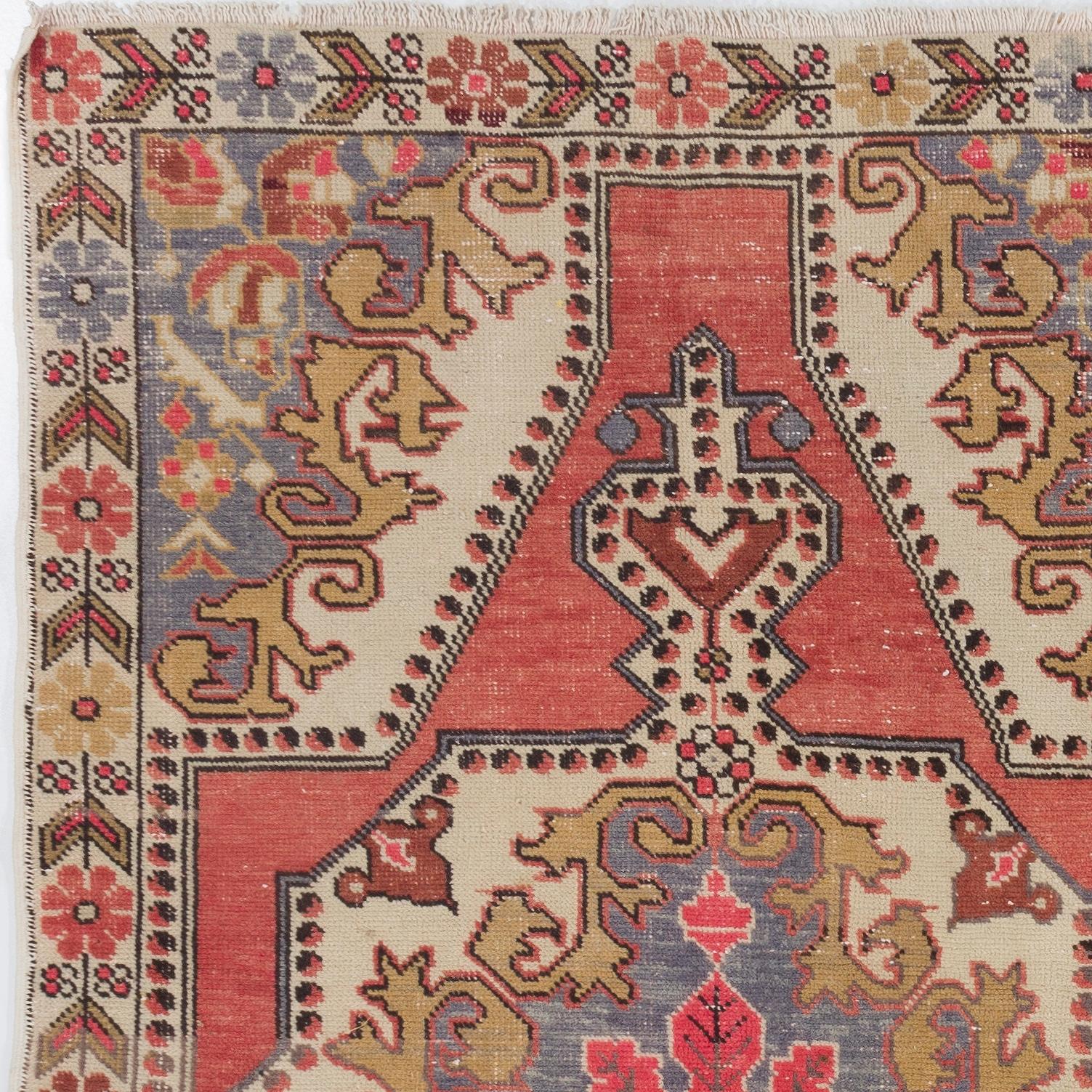 Bohemian 4.2x7.2 Ft Vintage Handmade Turkish Rug in Red with Medallion Design. Ca 1960 For Sale