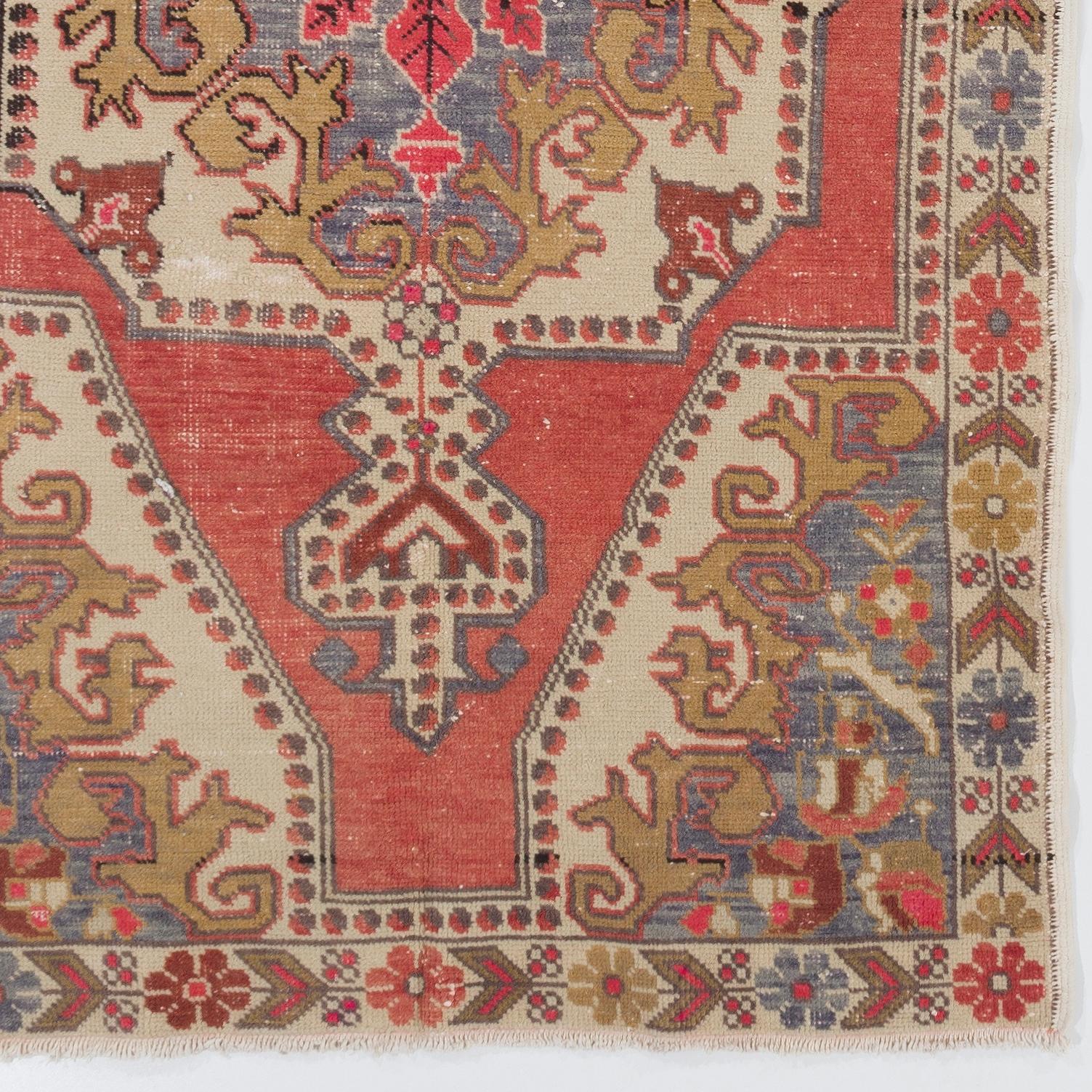 Hand-Woven 4.2x7.2 Ft Vintage Handmade Turkish Rug in Red with Medallion Design. Ca 1960 For Sale