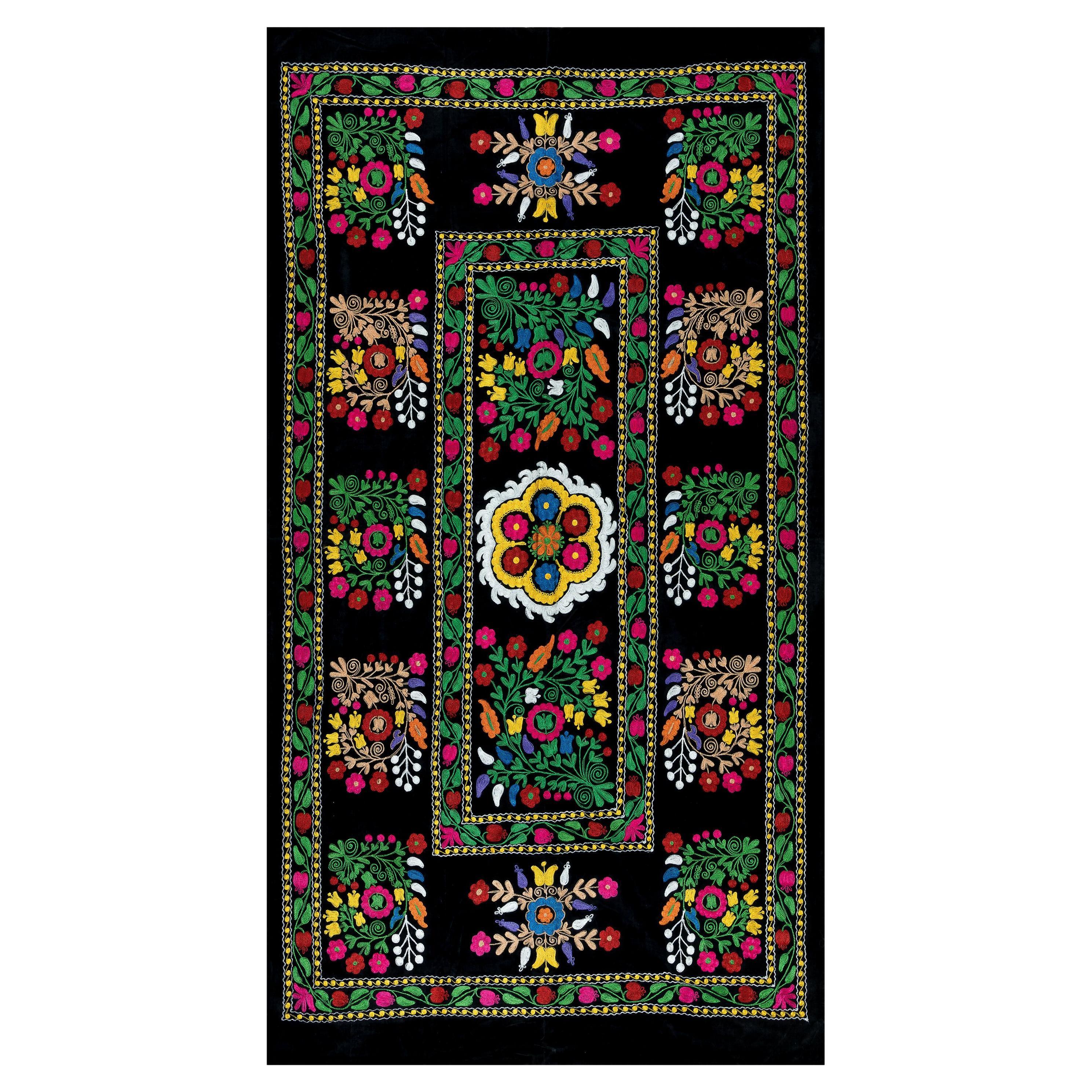 4.2x7.4 Ft Vintage Silk Embroidery Table Cover, Uzbek Colorful Wall Hanging