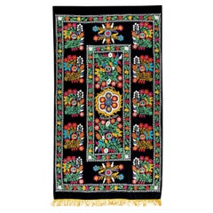 4.2x7.5 Ft Vintage Silk Hand Embroidery Bed Cover, Asian Suzani Wall Hanging