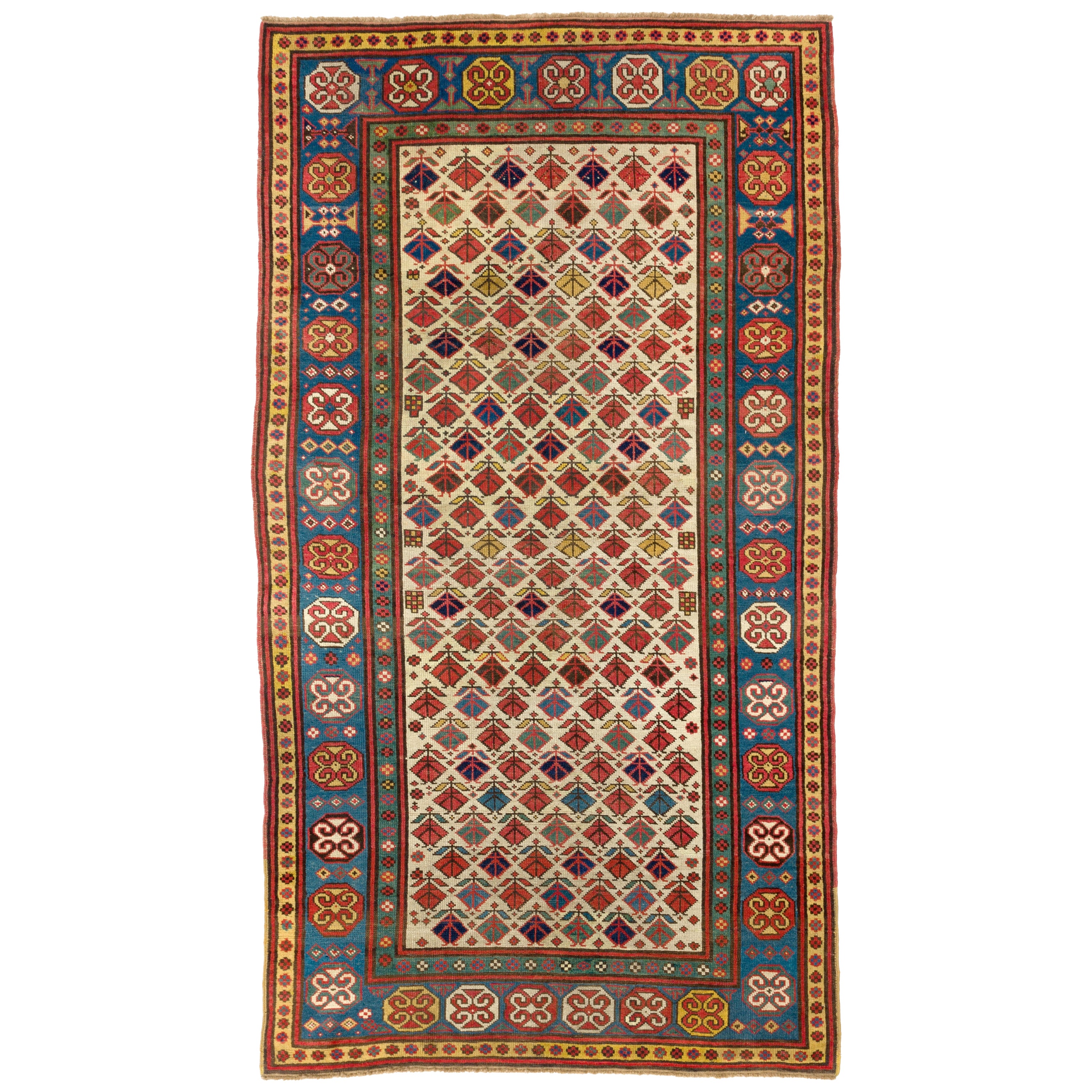 4'2''x7'7'' Antiker elfenbeinfarbener kaukasischer Wollteppich, um 1875