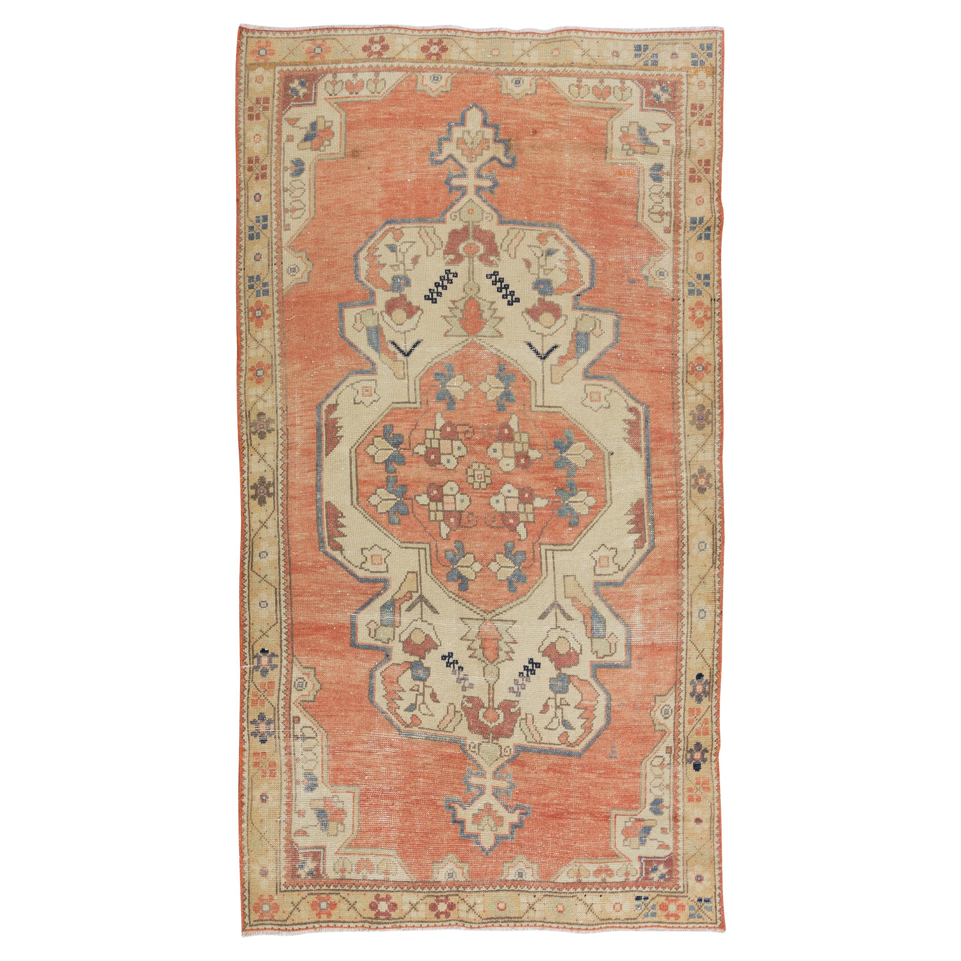 4.2x7.8 Ft Handmade Medallion Design Vintage Turkish Rug in Red, Blue and Beige For Sale